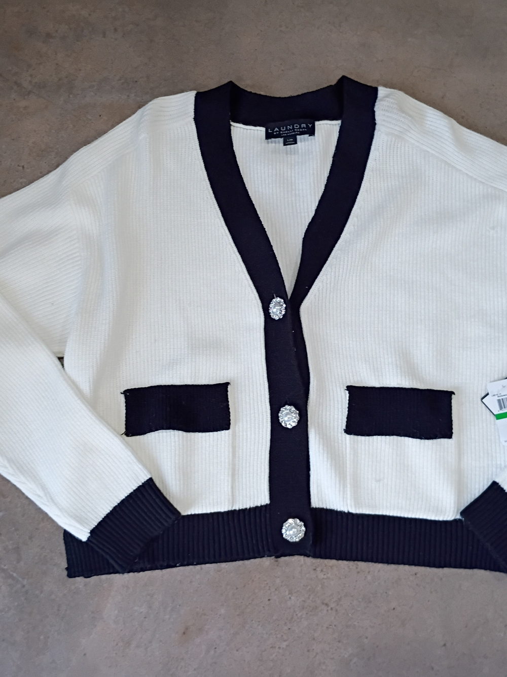 Laundry by Shelli Segal Cream Cardigan with Black Trim and Jeweled Buttons